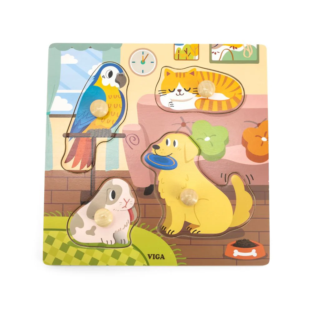 Puzzle à boutons de bois - 4 pièces - Animaux domestiques