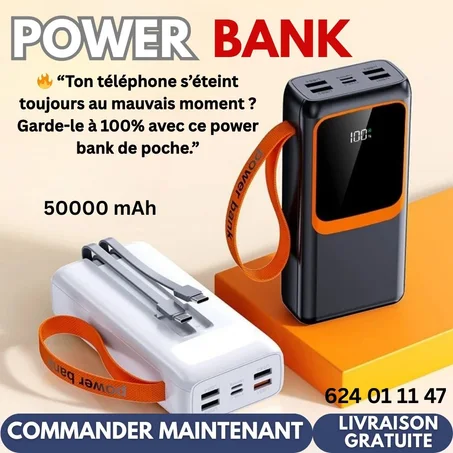 📱❌ Plus de stress quand la batterie tombe à 1 % ! Avec le POWER BANK 50 000mAh, ton téléphone reste chargé où que tu sois, quand tu veux.