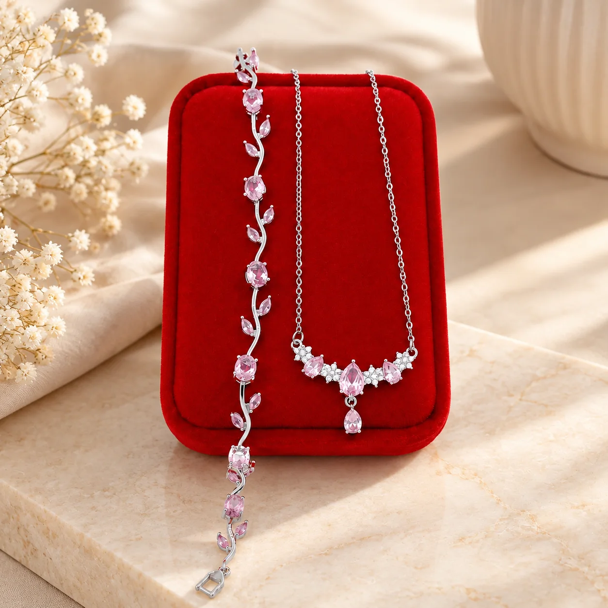 Parure Bijoux Femme Luxe – Collier & Bracelet en Cristaux Roses