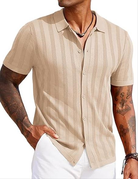 كوفاندي قميص بولو محبوك للرجال بتصميم فينتاج بازرار امامية واكمام قصيرة، قميص هاواي صيفي 2025 عصري للشاطئ