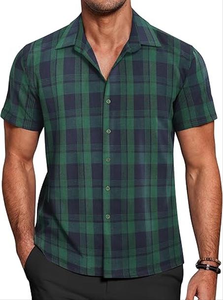 كوفاندي قميص كاجوال باكمام قصيرة وازرار امامية وازرار امامية للرجال مصنوع من القطن بنسبة 75%