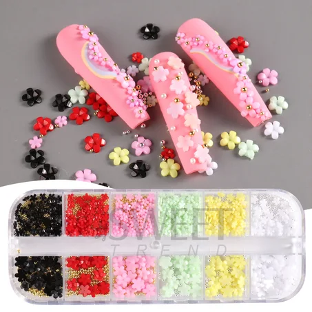 Breloques en perles d'acier pour ongles, 12 grilles, 3D, acrylique, fleur, taille mixte, design nail art