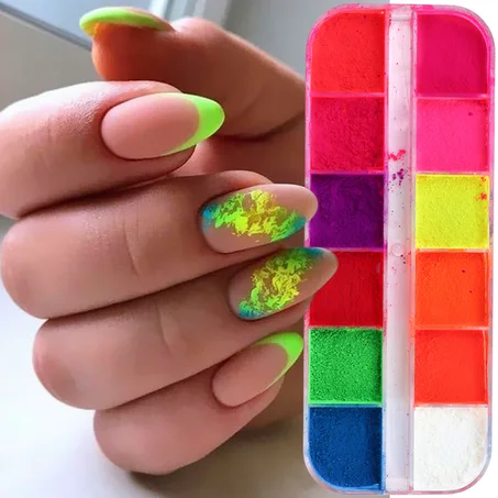 Néon Phxing ou Pigment Nail Glitter Arc-en-ciel Fluorescent Poussière Trempage Poudre Manucure Décor Été Dessin Conception Nail Art