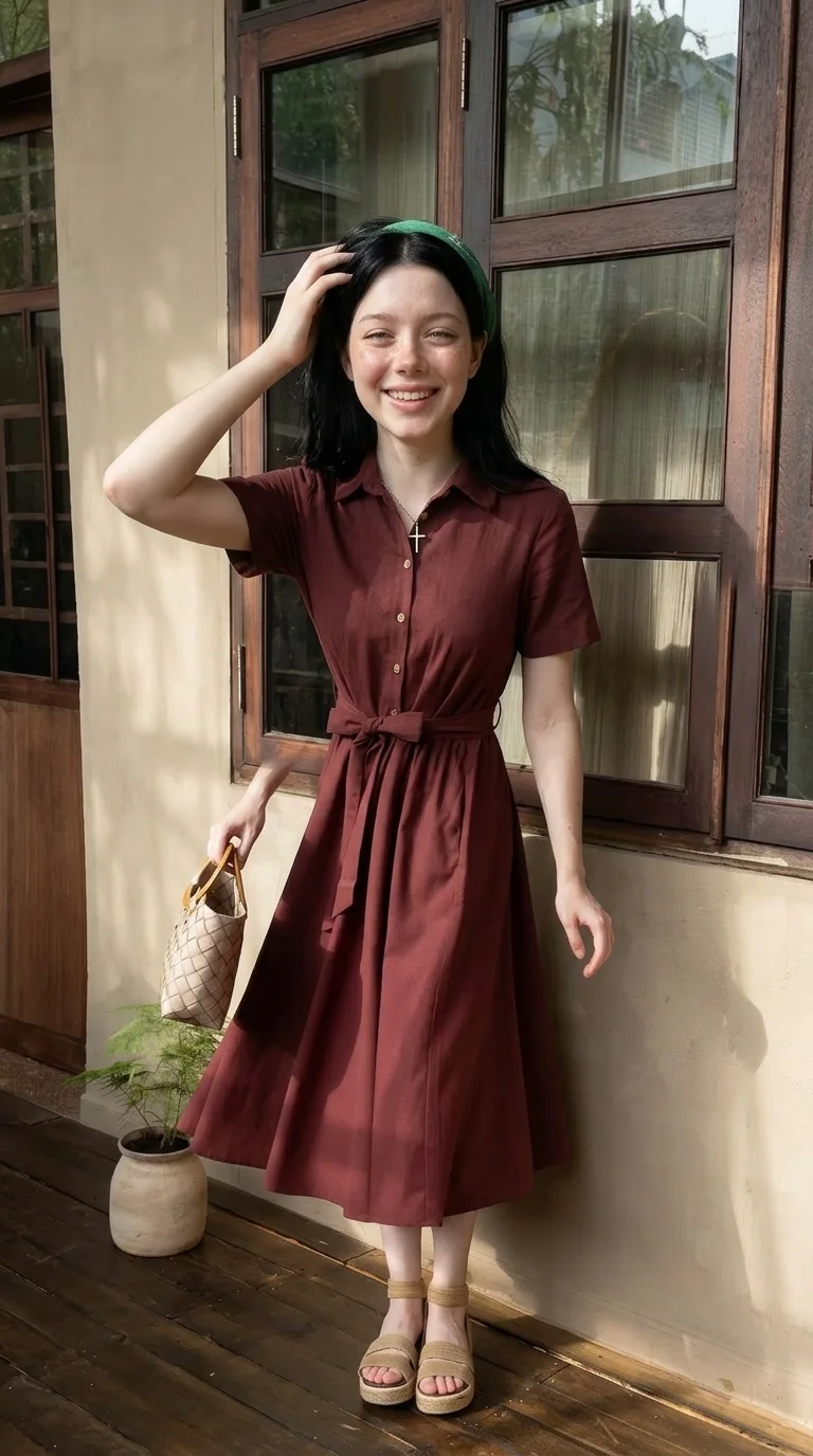 women’s Midi Shirt Dress with Waist Belt and Short Sleeves