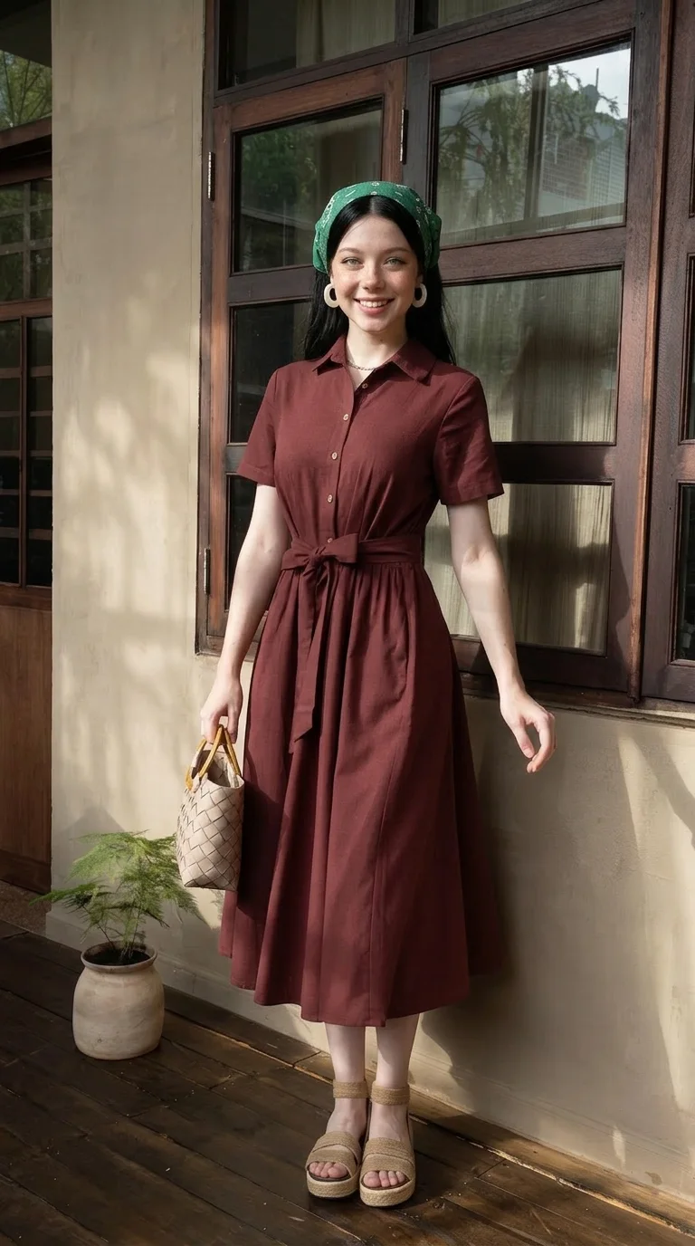 women’s Midi Shirt Dress with Waist Belt and Short Sleeves