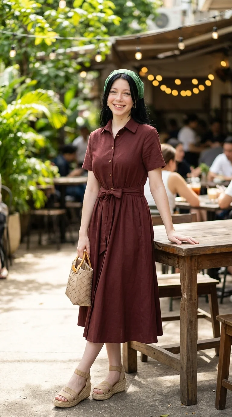 women’s Midi Shirt Dress with Waist Belt and Short Sleeves