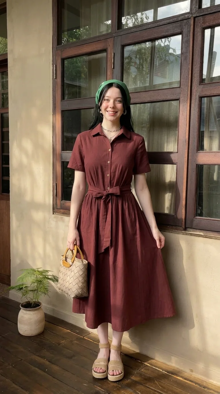 women’s Midi Shirt Dress with Waist Belt and Short Sleeves