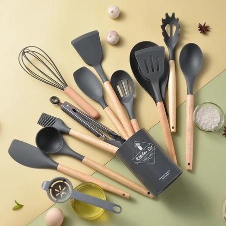 Set de 12 Ustensiles de Cuisine en Silicone avec Poignée en Bois