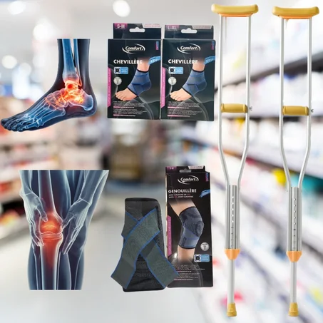 Chevillere ou genouillère et béquilles