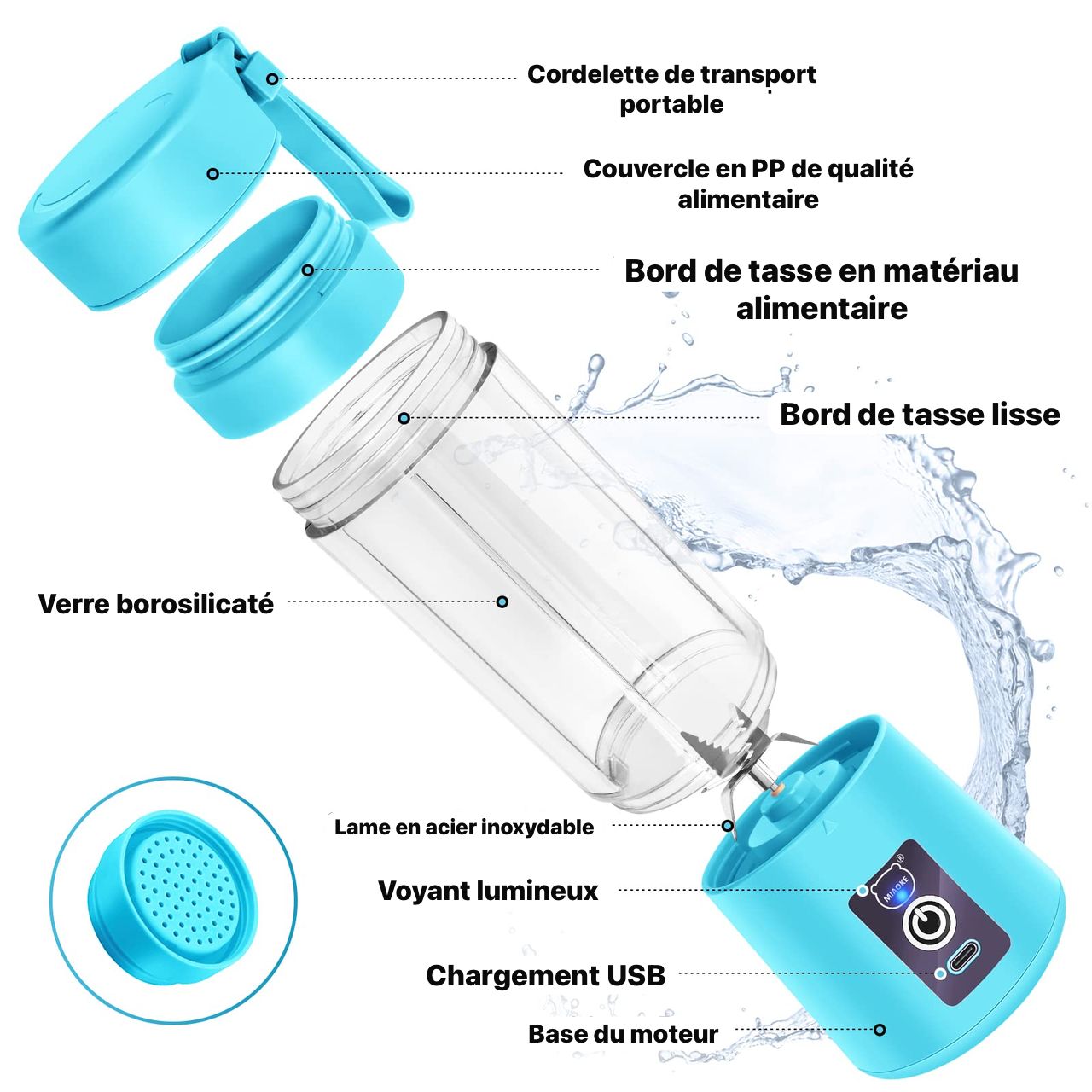 Blender USB Rechargeable – 380ml- Portable et Puissant pour Jus de fruit  et  smoothie
