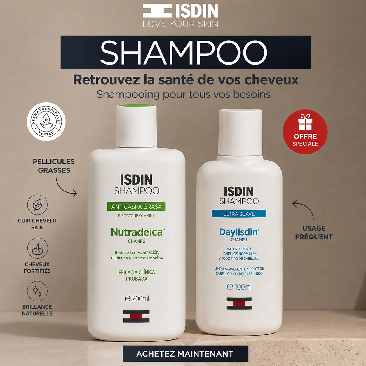 ISDIN Shampooing Nutradeica Oily Dandruff 200ml Anti-Pelliculaire Cheveux Gras Sébum Régulé Cuir Chevelu Sain = Shampooing Daylisdin 100ml Offert