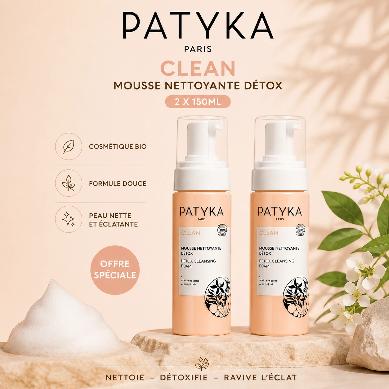 PATYKA Duo Mousse Nettoyante Détox 2x150ml Purifiante Peaux Mixtes Grasses Bio