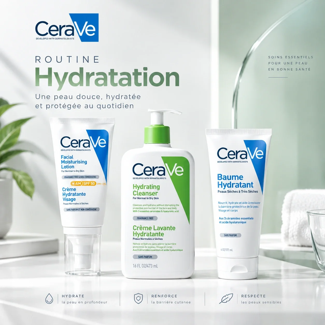 CeraVe – Pack Routine Hydratante Peau Sèche | Nettoyant, Crème & Baume
