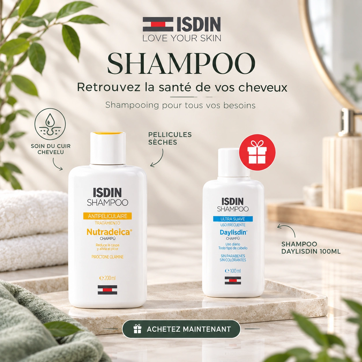 ISDIN Shampooing Nutradeica Dry Dandruff 200ml Anti-Pelliculaire Cheveux Secs Nourrissant Apaisant Cuir Chevelu Équilibré = Shampooing Daylisdin 100ml Offert