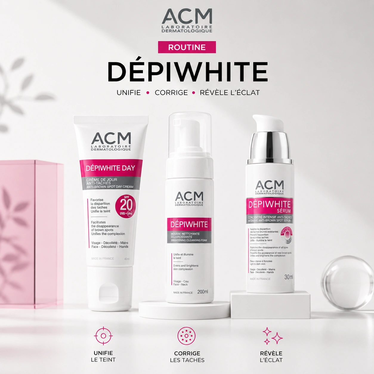 ACM Anti-Taches Intensif PACK Sérum + Crème Dépigmentant Éclat Unifié Hyperpigmentation Taches Brunes Luminosité + Mousse Nettoyante Éclaircissante 200ml