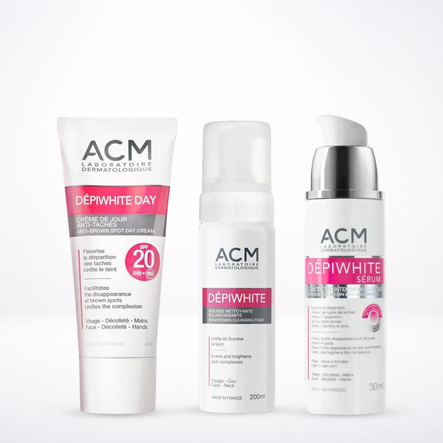 ACM Anti-Taches Intensif PACK Sérum + Crème Dépigmentant Éclat Unifié Hyperpigmentation Taches Brunes Luminosité + Mousse Nettoyante Éclaircissante 200ml