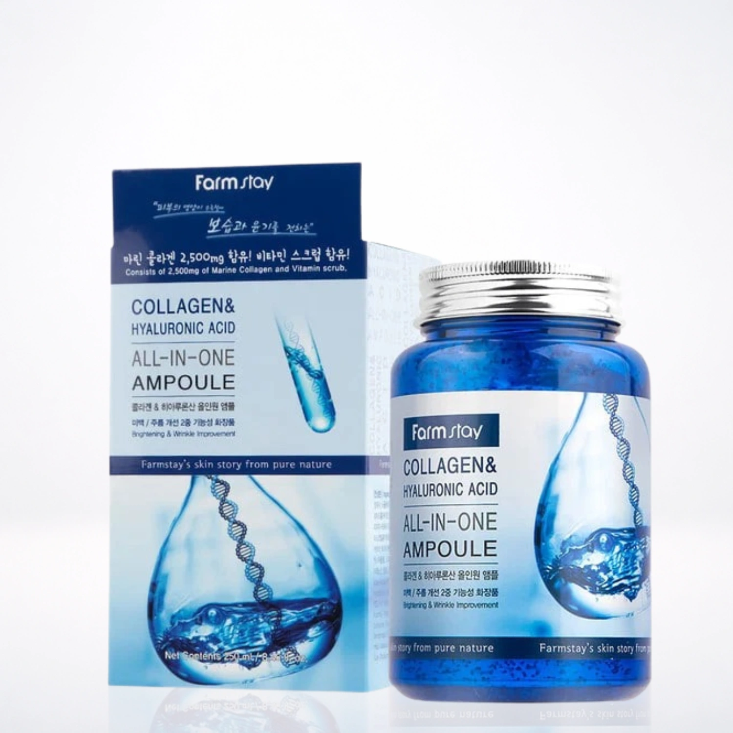 FARMSTAY Collagen & Hyaluronic Acid All-In-One Ampoule 250ml Hydratation Anti-Âge