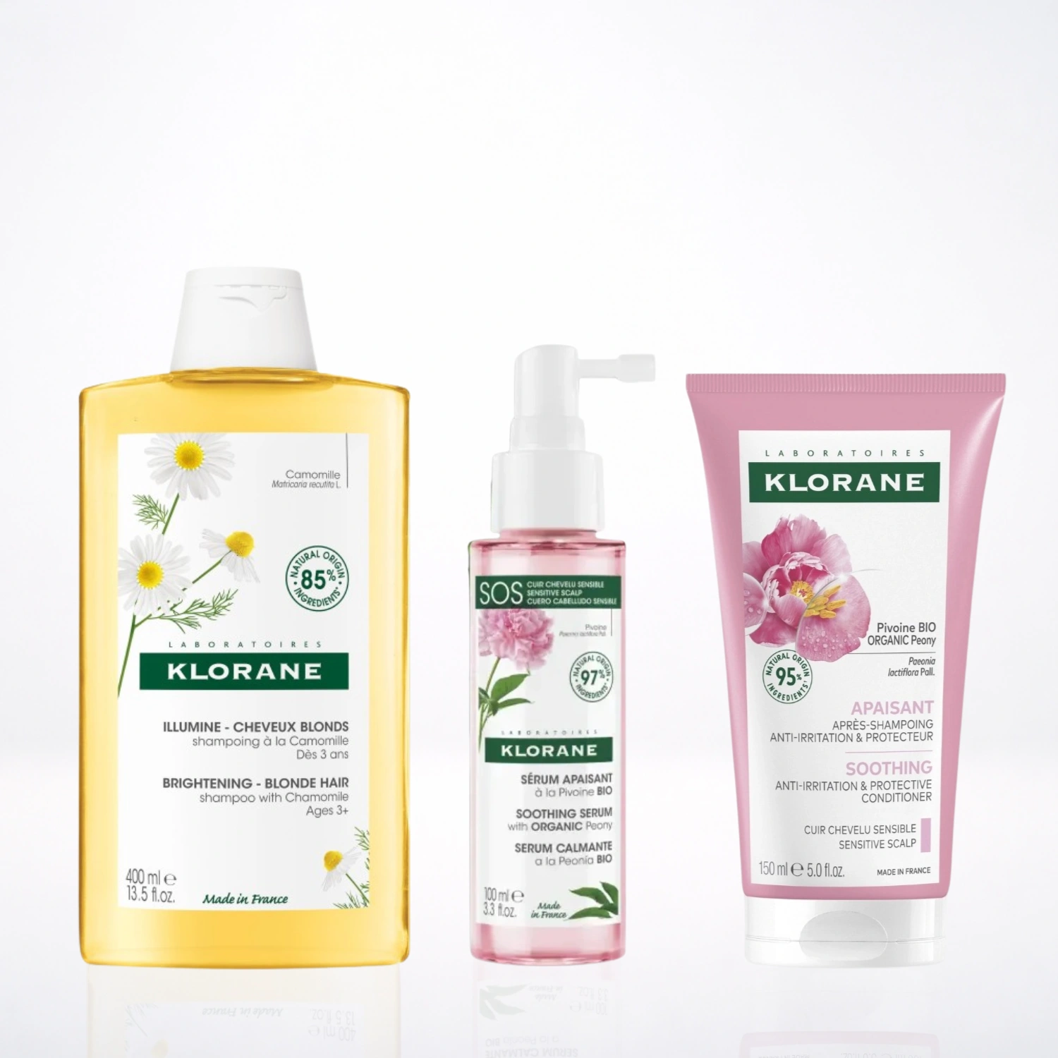 KLORANE Routine Cheveux Blonds Camomille Shampooing + Après-Shampooing 400ml Éclat Reflets Dorés Blond Lumineux + Sérum SOS à la Pivoine BIO 100ml