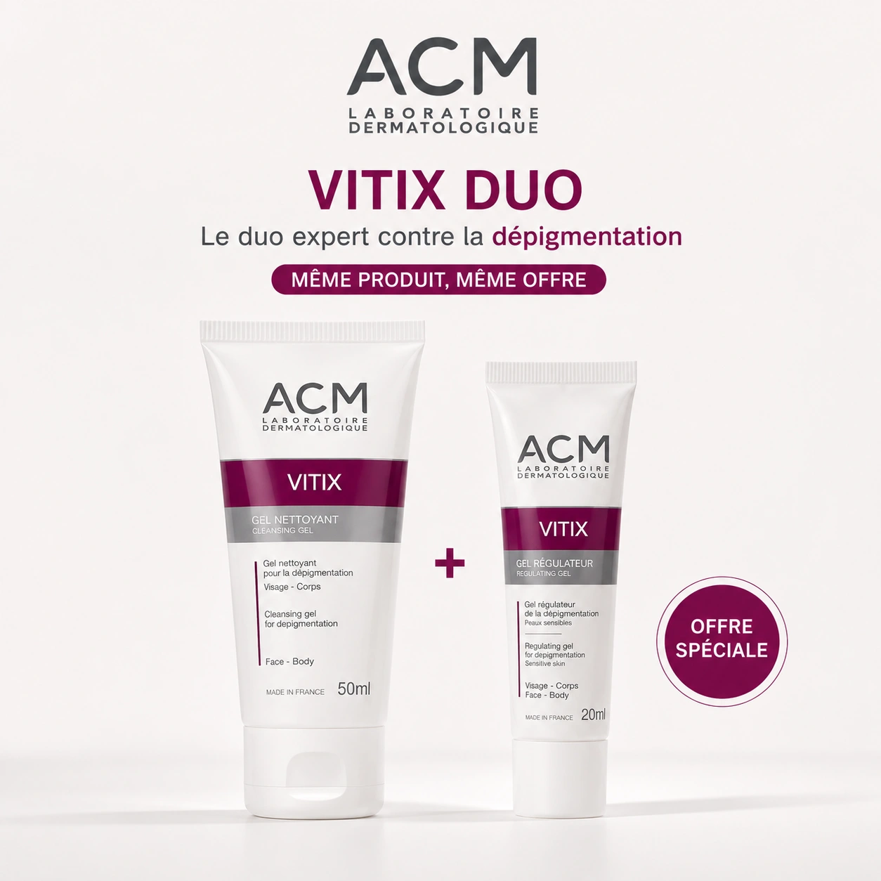 ACM Vitix Pack Gel Régulateur 50ml + 20ml Antioxydant Extrait Melon Breveté Dépigmentation
