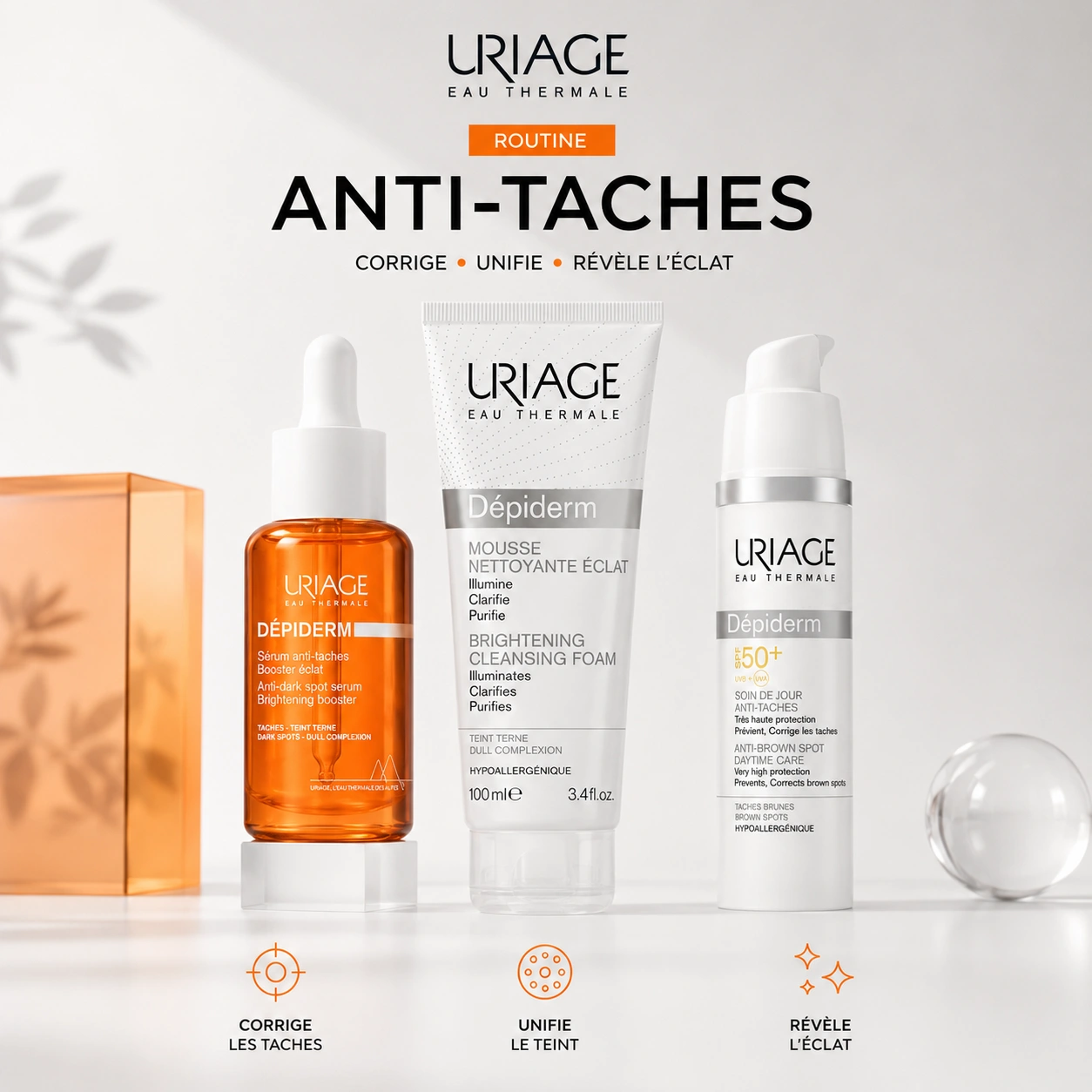 Pack Routine Anti-Taches URIAGE Dépiderm - Nettoyant, Sérum, Soin SPF50+