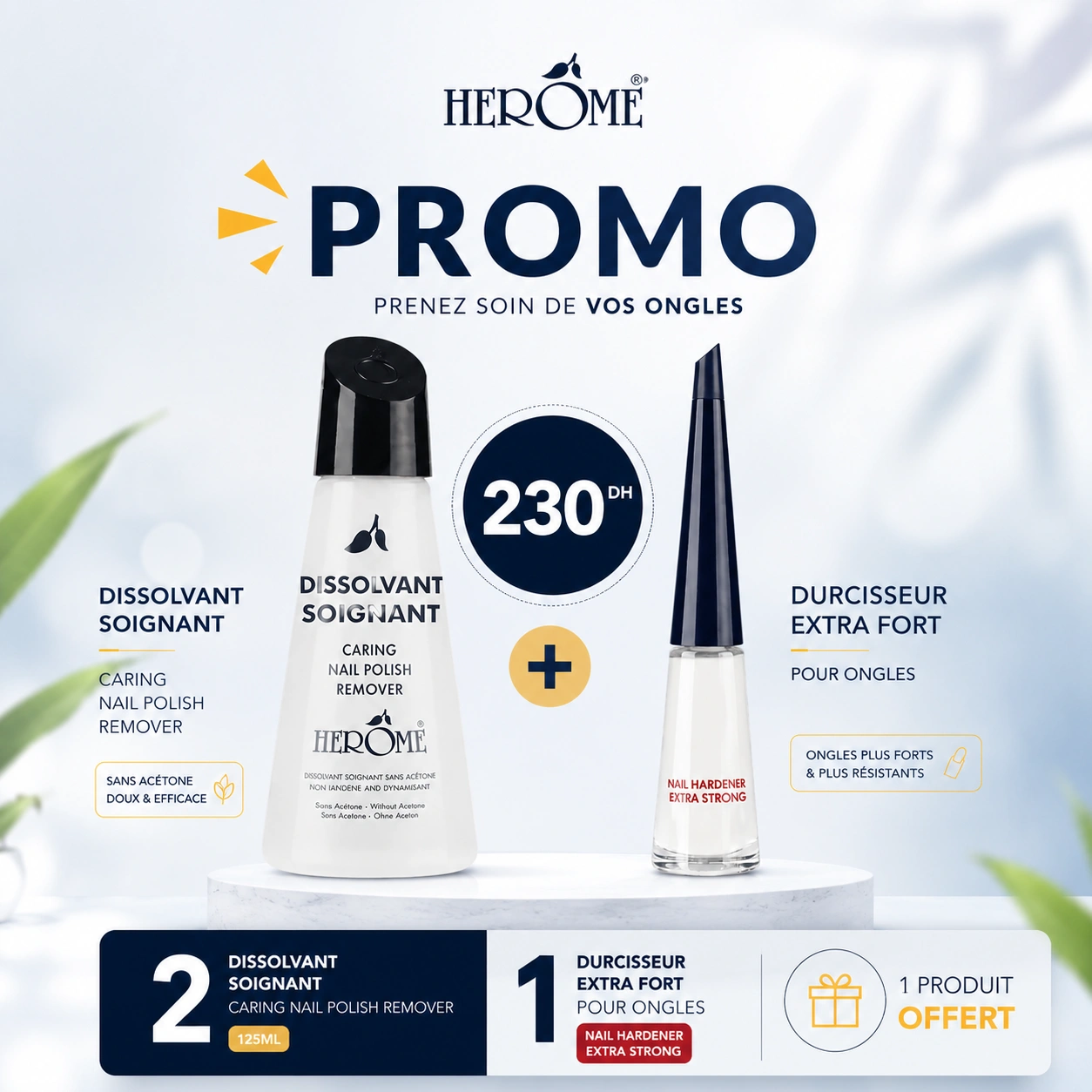 HEROME PACK DISSOLVANT SOIGNANT 120ML + DURCISSEUR EXTRA FORT POUR ONGLES 10ML