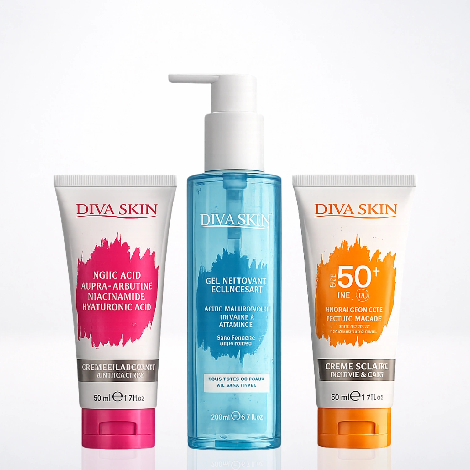 DIVA SKIN Pack Anti-Taches Crème 50ml + Gel Nettoyant 200ml + Écran Solaire Invisible SPF50+ Routine Complète