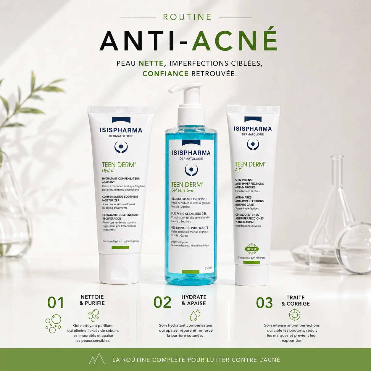 Routine Anti-Acné ISISPHARMA Teen Derm - Nettoyant + Hydratant + Soin Anti-Imperfections