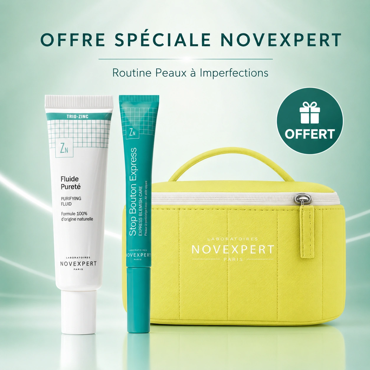 NOVEXPERT Pack Fluide Pureté Trio-Zinc 30ml + Stop Bouton Express 7ml = Trousse