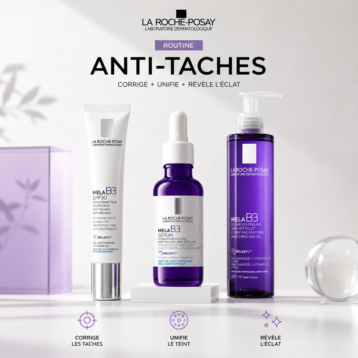 La Roche-Posay Mela B3 Routine Anti-Taches Complète Sérum Correcteur SPF Gel Micro-Peeling Niacinamide Cure Intensive
