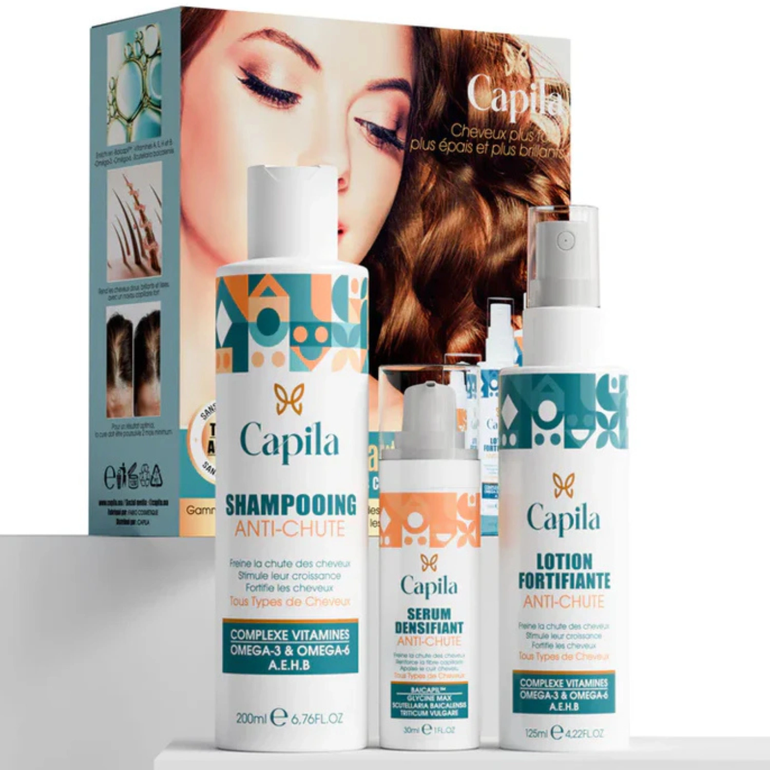 CAPILA PROMO Gamme Complète 3 en 1 Shampoing Lotion Complément Anti-Chute Croissance Densité Pack Complet