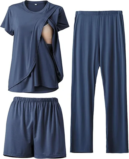 Rnxrbb Conjunto de pijama de lactancia posparto de 3 piezas, ropa de dormir casual suave para maternidad, lactancia materna, ropa de descanso, ropa de capas