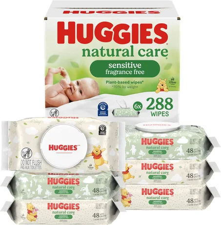 Toallitas para bebé sin perfume Huggies Natural Care Sensitive, hipoalergénicas, 6 paquetes con tapa abatible (288 toallitas en total)