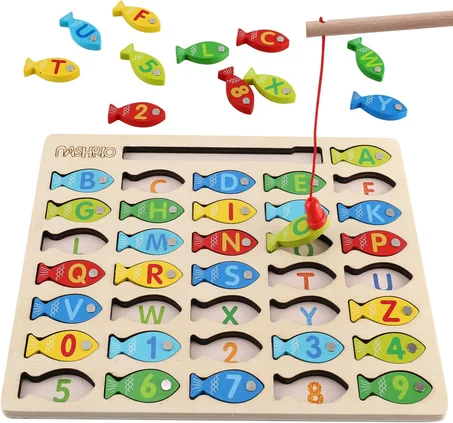 Juguete Magnético de Pesca de Madera para Niños Pequeños, Juegos de Pesca y Conteo de Peces del Alfabeto, Rompecabezas con Números y Letras, Juguetes Educativos de Aprendizaje Preescolar de A