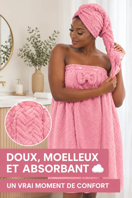 Serviette de bain en coton + Bonnet pour cheveux