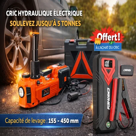 Cric Hydraulique Électrique 5 T 12 V avec Démarreur de batterie 3 en 1 Offert