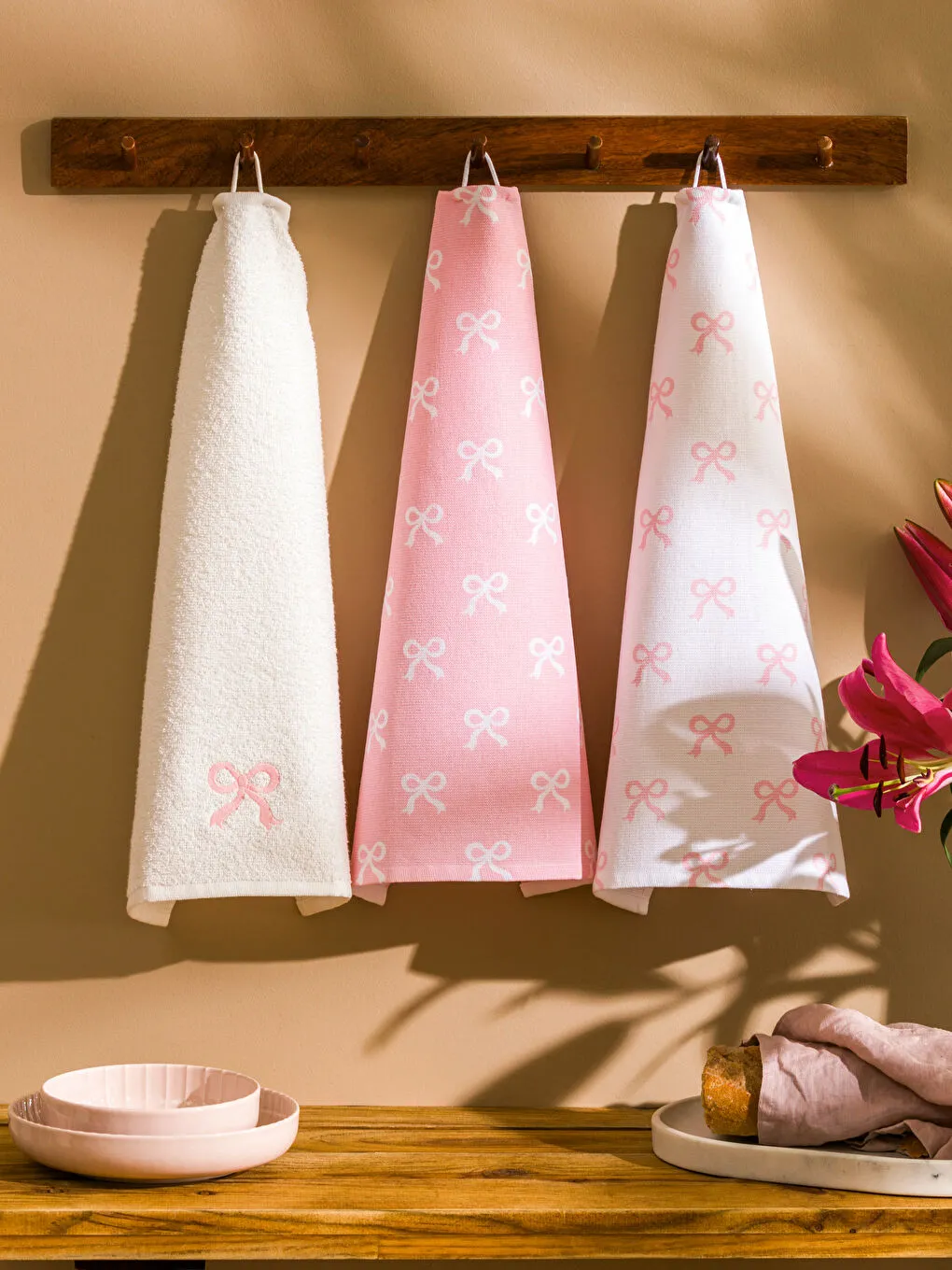 Lot de 3 serviettes de séchage brodées avec nœud rose