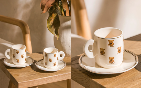 Ensemble de tasses à café en porcelaine imprimées Teddy Bear pour 2 personnes 90 ml