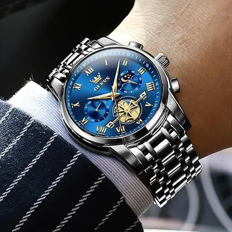 اوليفز ساعة يد رسمية للرجال من الستانلس ستيل مضيئة متعددة الوظائف بلون اخضر/اسود/ابيض/ازرق