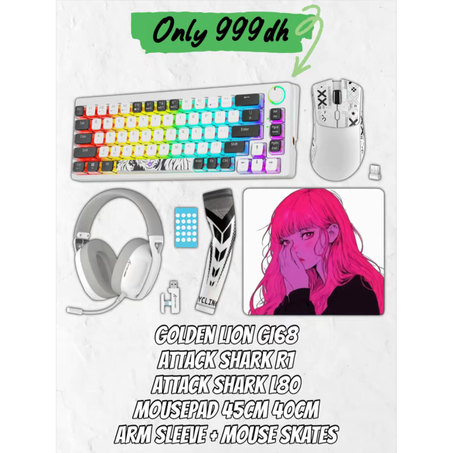 GOLDEN  LION GI68 + ATTACK SHARK R1 + ATTACK SHARK L80 + MOUSEPAD 45CM 40CM + ARM SLEEVE + SKATES [White]
