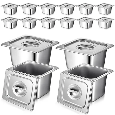 Rtteri Paquete de 16 sartenes de acero inoxidable de 1/6 con tapa y 2 pinzas, 4 cucharas de 4 pulgadas de profundidad, recipientes de almacenamiento de alimentos para mesa de vapor comercial,
