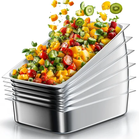 WantJoin Juego de 6 bandejas de metal de acero inoxidable de 1/1, tamaño completo de 4 pulgadas de profundidad, recipientes de almacenamiento de alimentos para restaurantes, platos de roce co