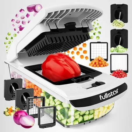 fullstar Picador de verduras, cortador de verduras espiralizador, picador de cebolla con recipiente, picador de alimentos profesional, cortador de cubos rebanador, negro, con 4 cuchillas