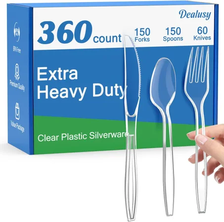 Cubiertos de plástico transparente extra resistentes de 360 unidades, 150 tenedores, 150 cucharas, 60 cuchillos, sin BPA, resistentes al calor, juego de utensilios de plástico desechables, ju