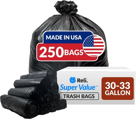 Reli. Bolsas de basura resistentes de 30 a 33 galones, 250 unidades a granel, bolsas de basura grandes negras de 30 a 32 galones, fabricadas en Estados Unidos