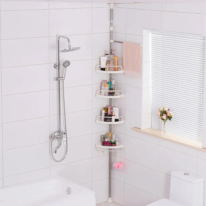Étagère d'angle Télescopique de Salle de Bains 4 Tablettes Etagère Réglable en Plastique, Tige Télescopique en Acier Inoxydable