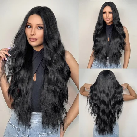 HAIRCUBE Black Wigs For Women Long Curly Wig Middle Part Synthetic Wig Middle Part