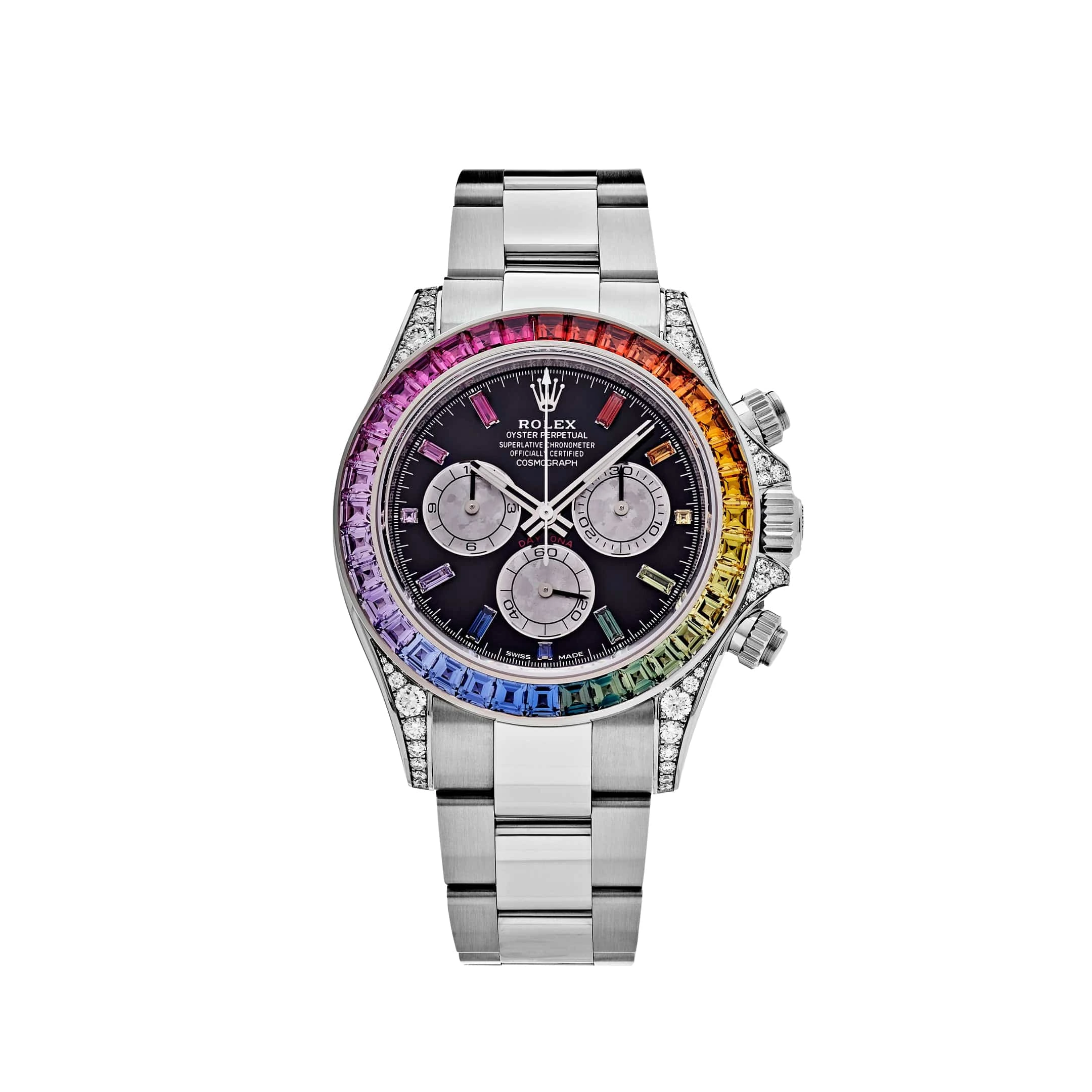 ROLEX DAYTONA Rainbow-  OR blanc -  Cadran noir - Lunette Saphir-  (48,500da - 4 million 8500 da)