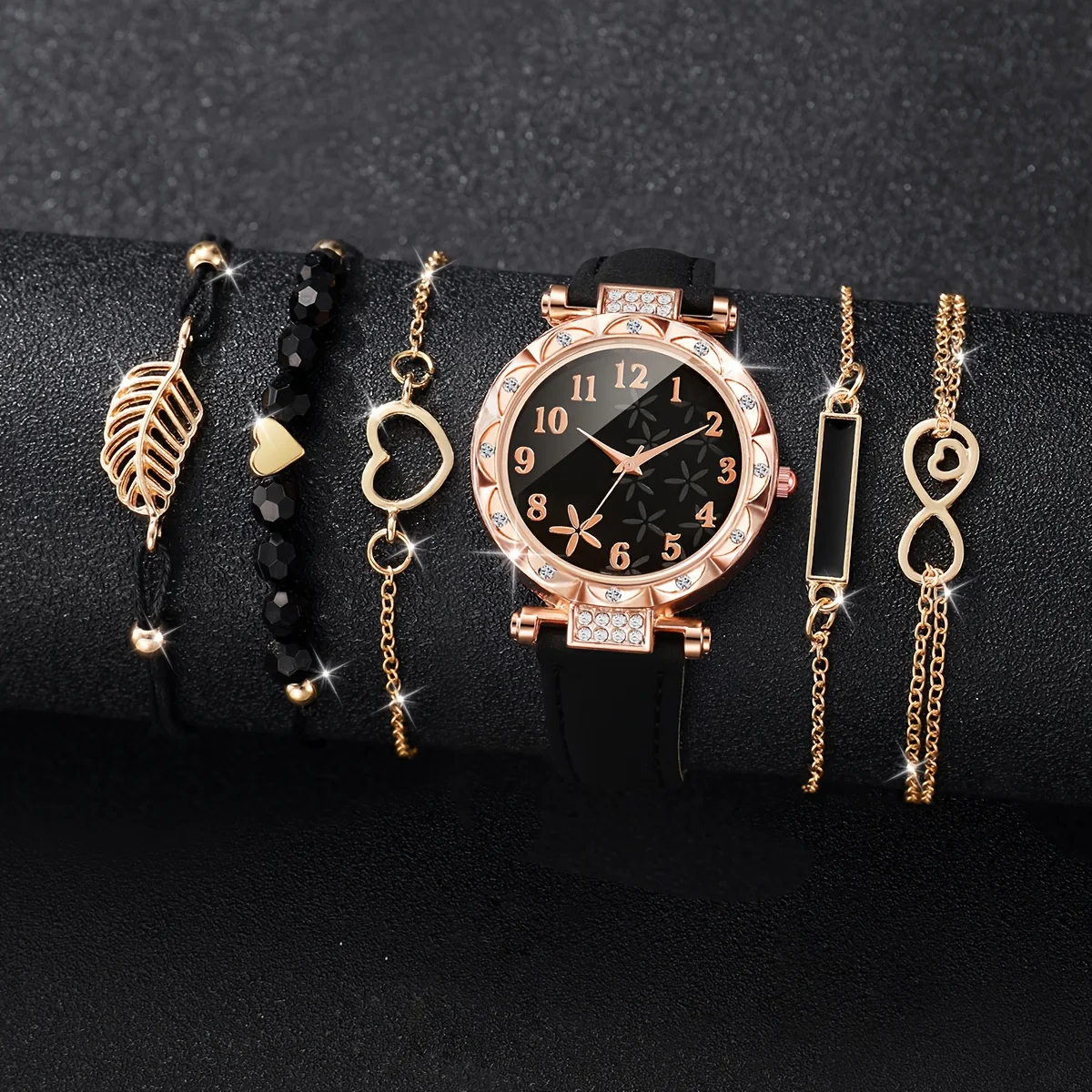 CÉLESTE — 6-Piece Watch & Bracelet Set · Black & Gold