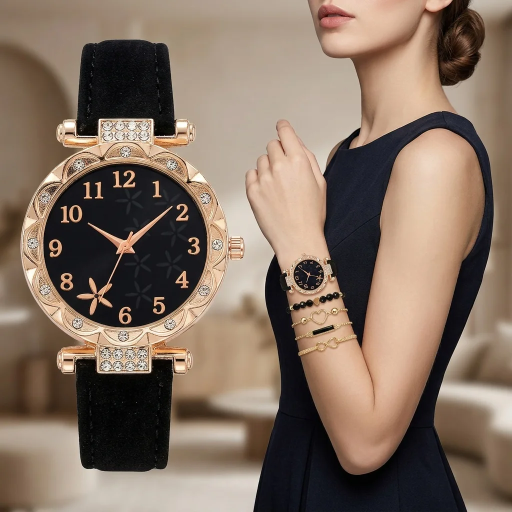 CÉLESTE — 6-Piece Watch & Bracelet Set · Black & Gold