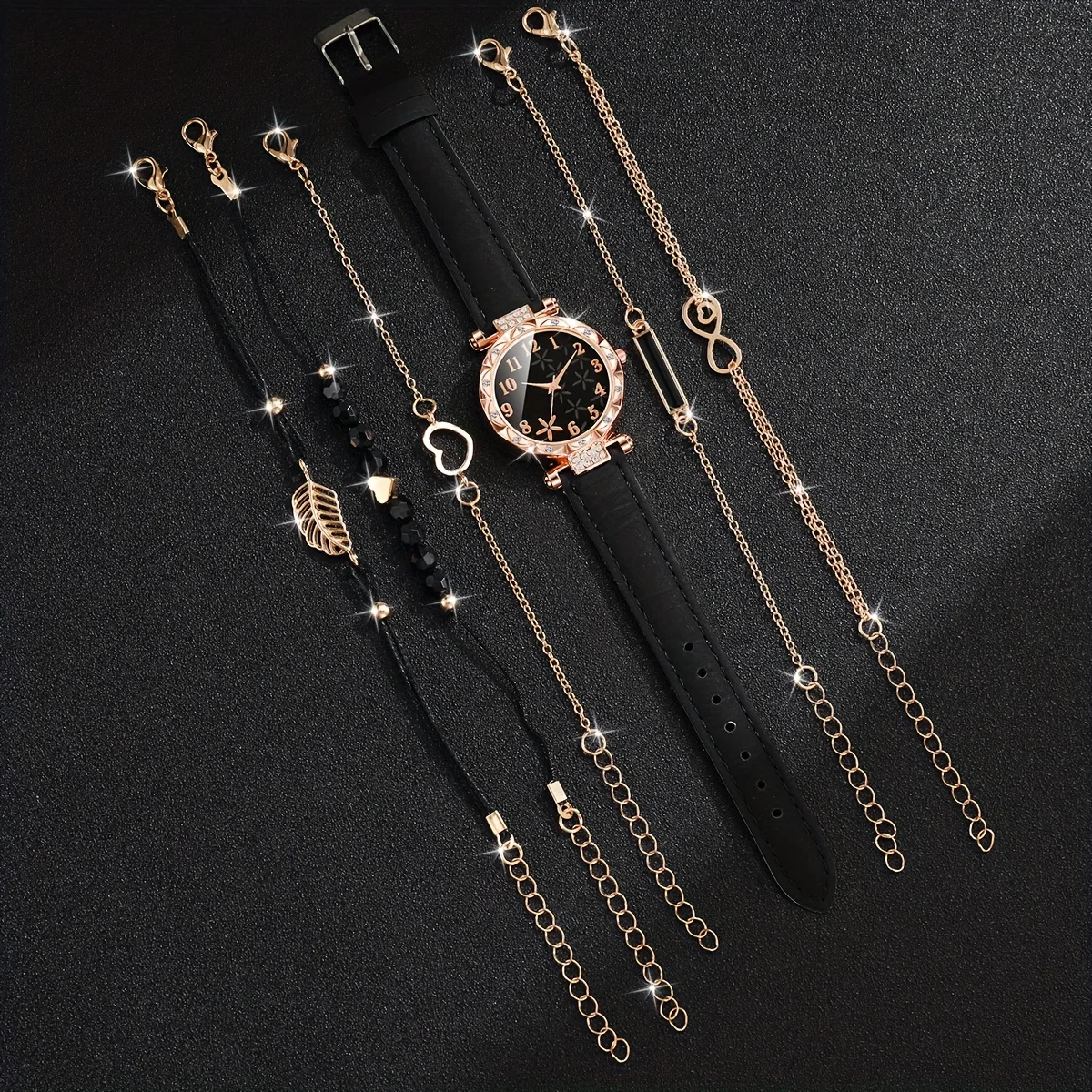 CÉLESTE — 6-Piece Watch & Bracelet Set · Black & Gold